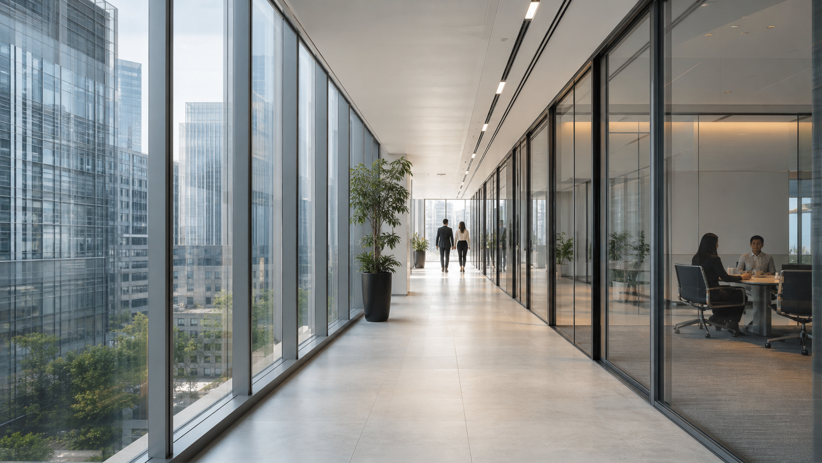 Escritório corporativo iluminado com arquitetura de vidro
