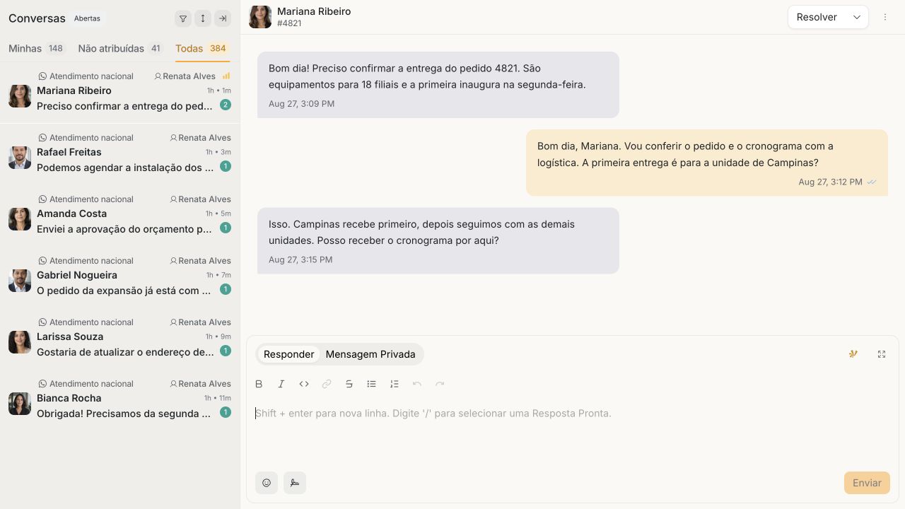 Caixa de entrada do Vartana Conversas: 384 conversas, lista com contatos e responsáveis, conversa de Mariana sobre entregas para 18 filiais e editor de resposta. Dados fictícios.